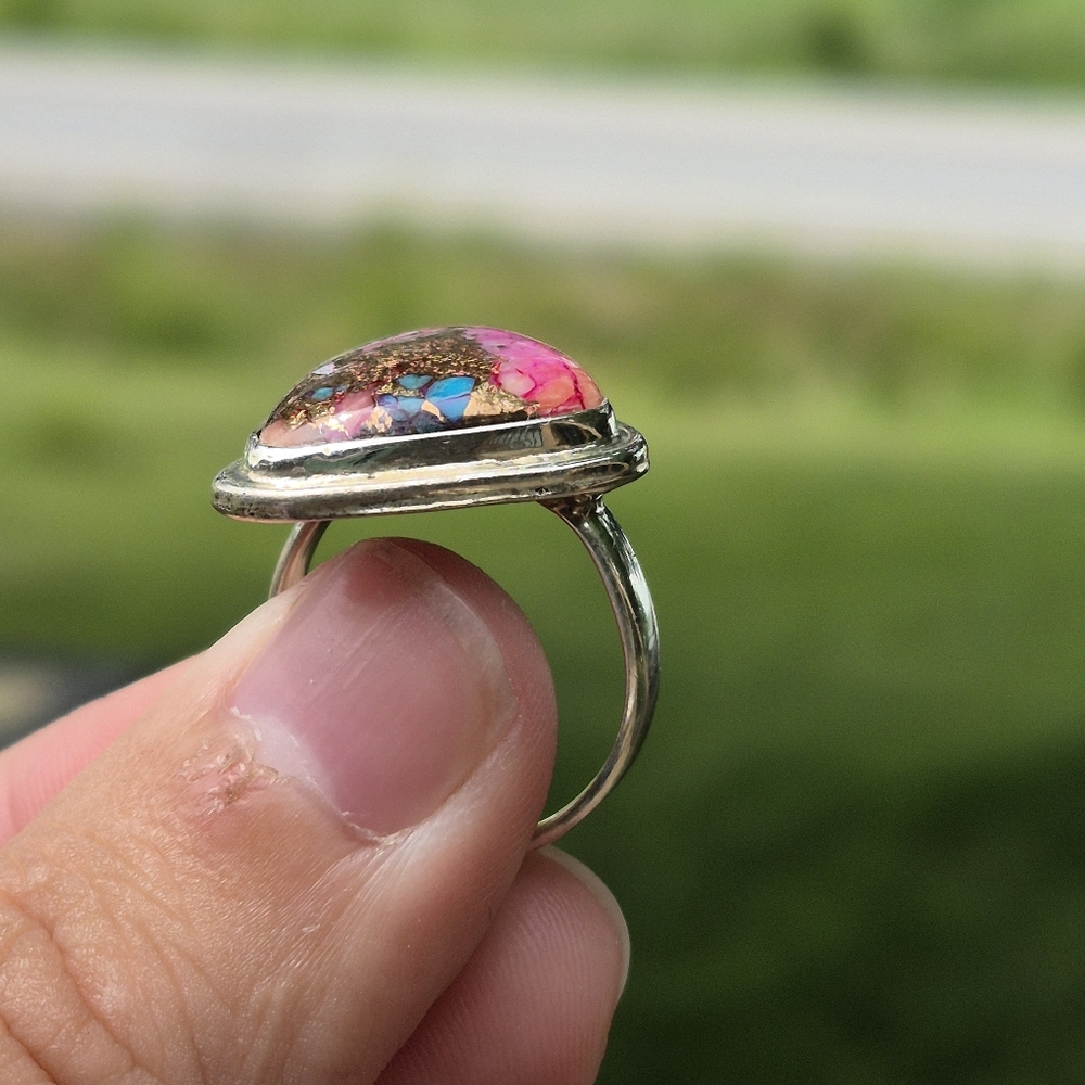 925 Silver Pink Cotton Candy Cooper Turqouis Artisanal Handmade Ring - Picture 4 of 11